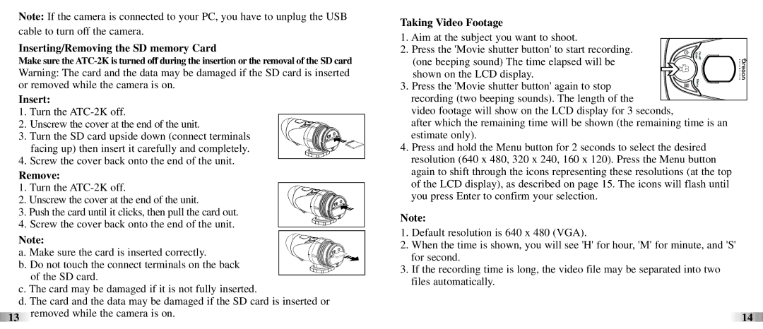 Oregon ATC-2K technical specifications Inserting/Removing the SD memory Card, Remove, Taking Video Footage 