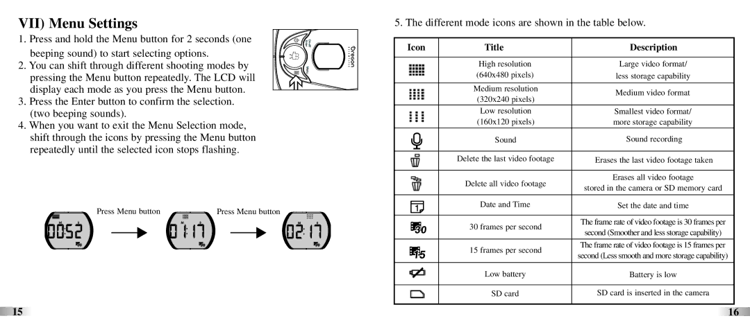 Oregon ATC-2K technical specifications VII Menu Settings, Different mode icons are shown in the table below 