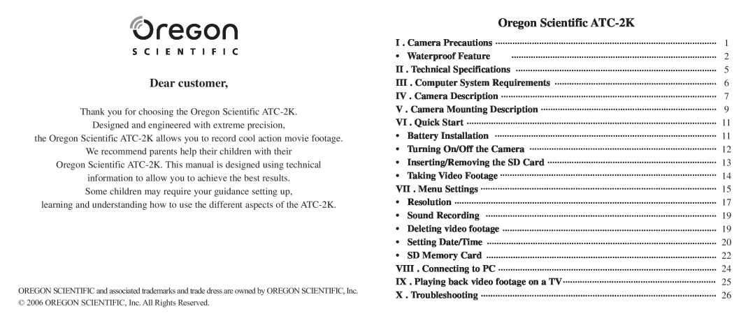 Oregon technical specifications Dear customer, Oregon Scientific ATC-2K 