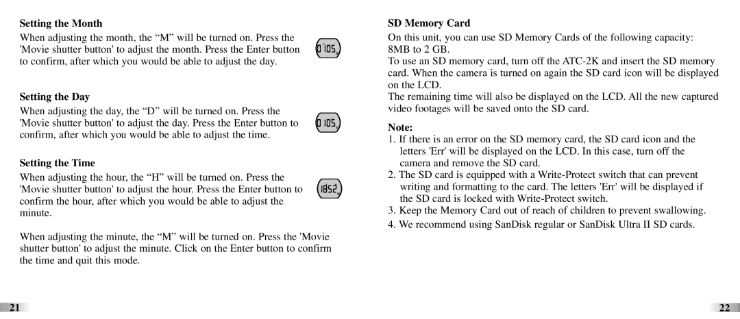 Oregon ATC-2K technical specifications Setting the Month, Setting the Day, Setting the Time, SD Memory Card 
