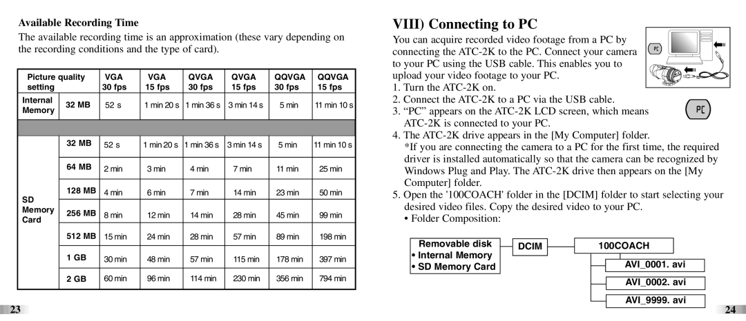 Oregon ATC-2K technical specifications VIII Connecting to PC, Available Recording Time 