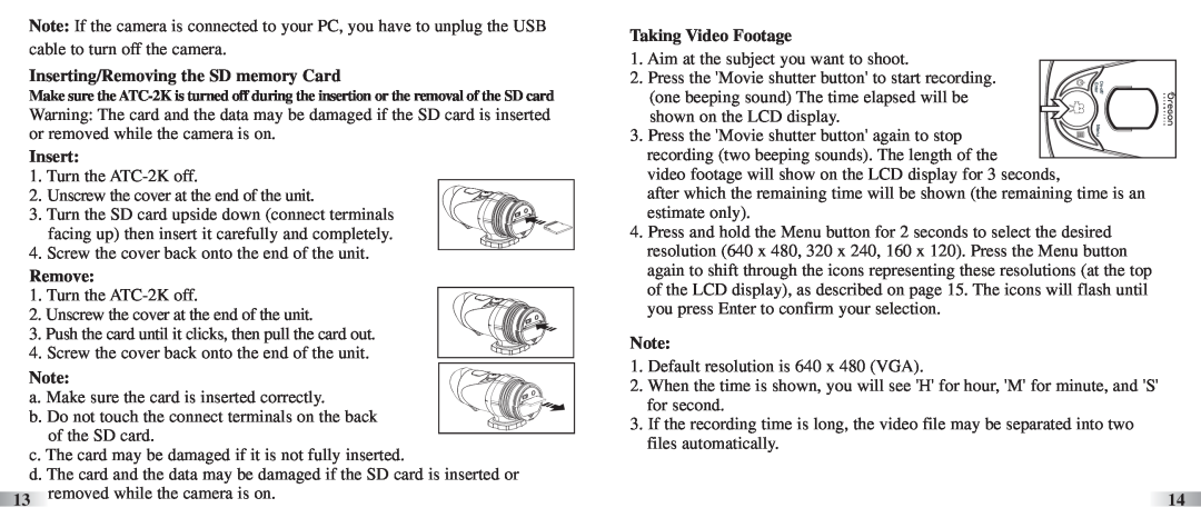 Oregon ATC-2K technical specifications Inserting/Removing the SD memory Card, Remove, Taking Video Footage 
