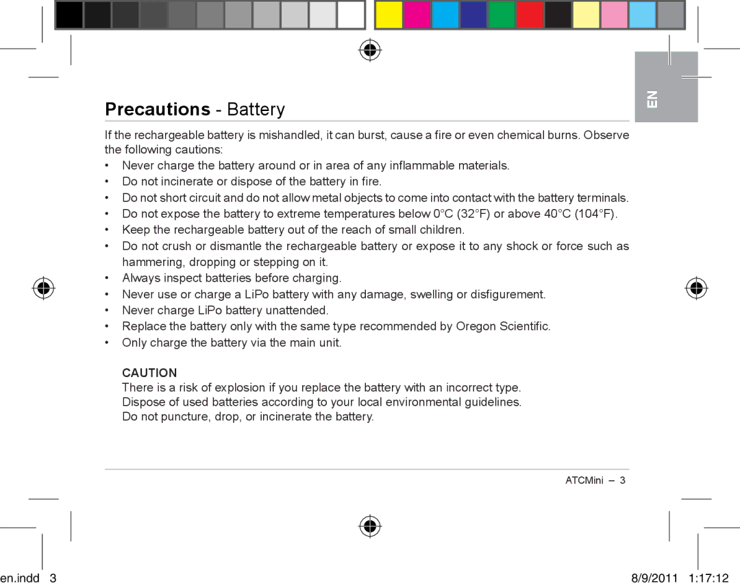 Oregon ATCmini user manual Precautions Battery 