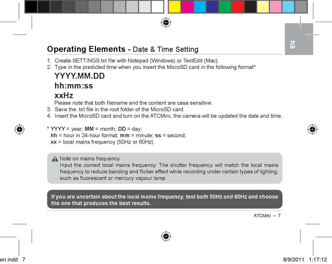 Oregon ATCmini user manual Operating Elements Date & Time Setting, Hhmmss xxHz 