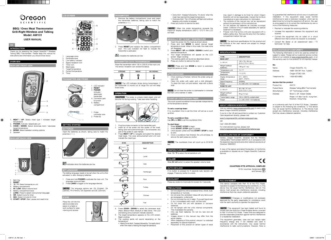 Oregon AW131 user manual Introduction, Overview Main Unit Front View, Main Unit Back View, LCD Screen, SET Language, Stand 