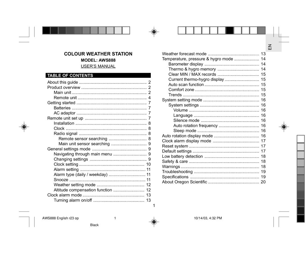 Oregon AWS888 specifications Colour Weather Station, Table of Contents 