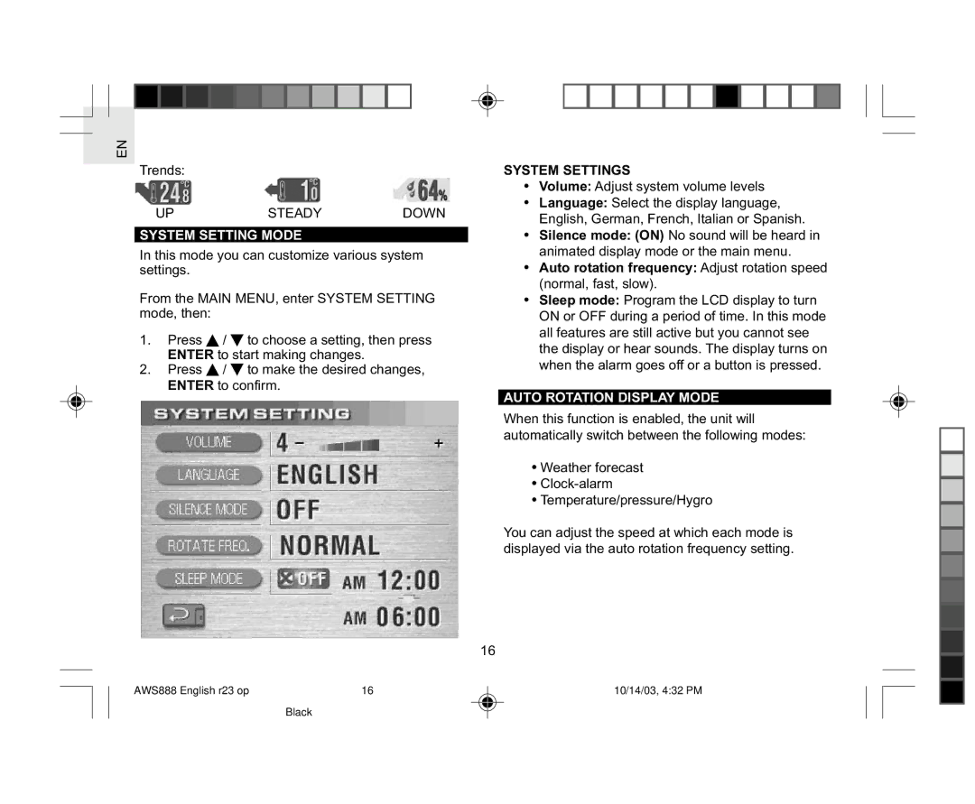 Oregon AWS888 specifications System Setting Mode, System Settings, Auto Rotation Display Mode 