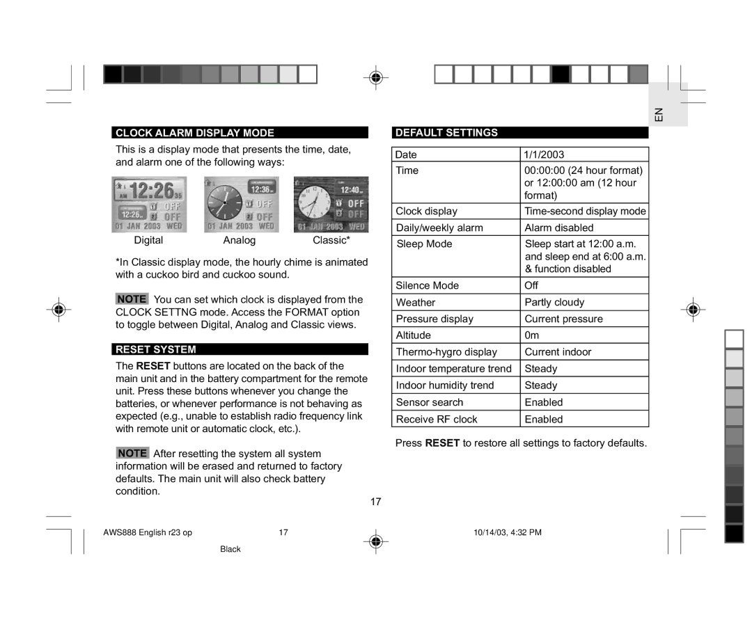 Oregon AWS888 specifications Clock Alarm Display Mode, Reset System, Default Settings 