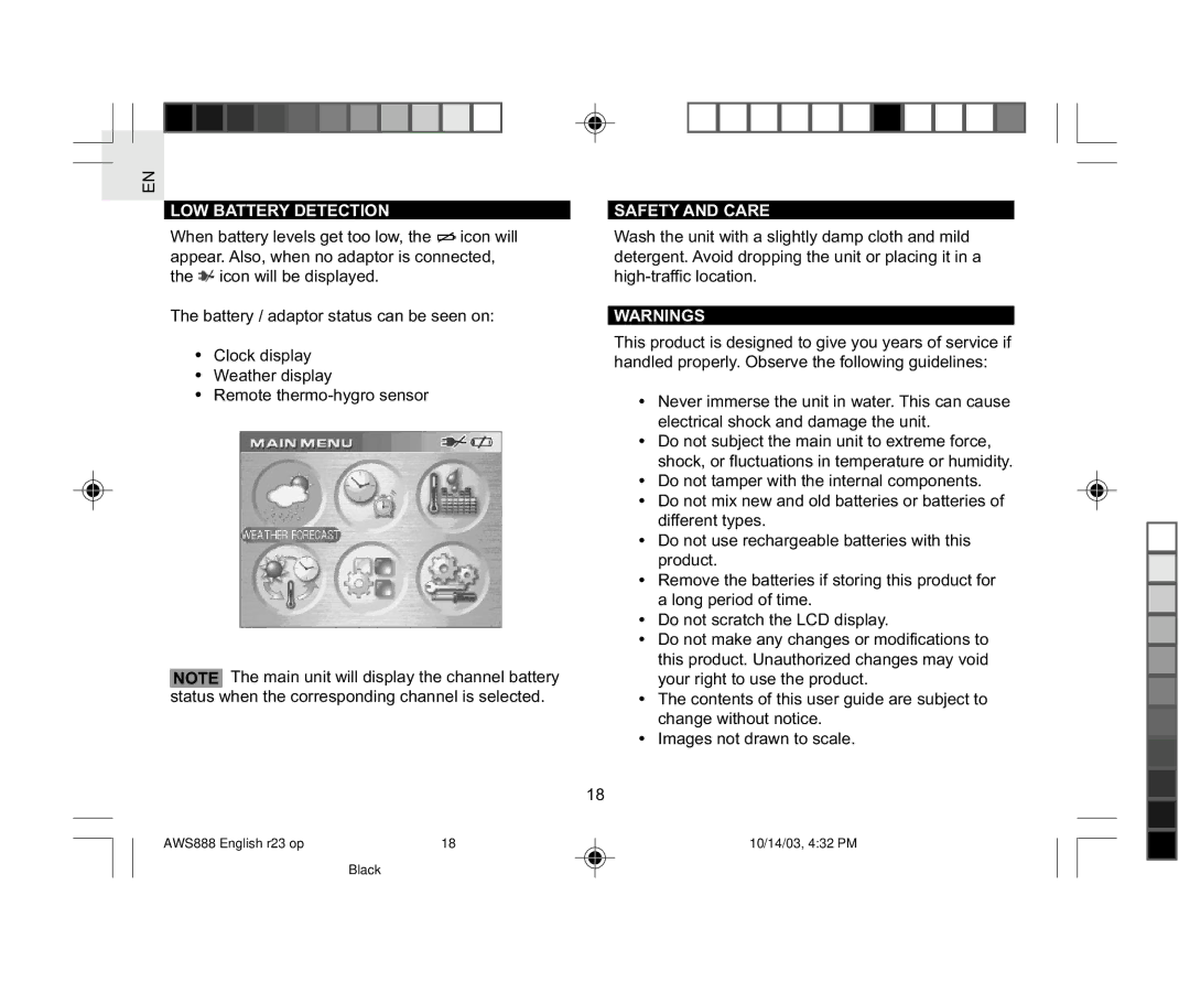 Oregon AWS888 specifications LOW Battery Detection, Safety and Care 