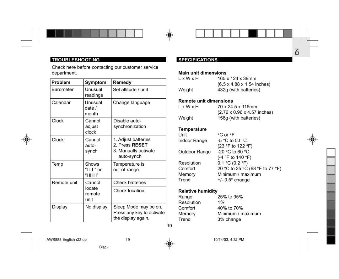 Oregon AWS888 specifications Troubleshooting, Specifications 