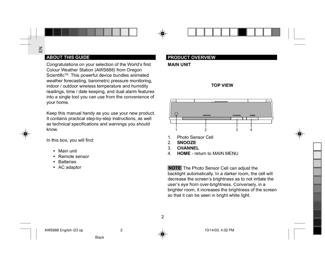 Oregon AWS888 specifications About this Guide, Product Overview, Main Unit TOP View, Snooze Channel 