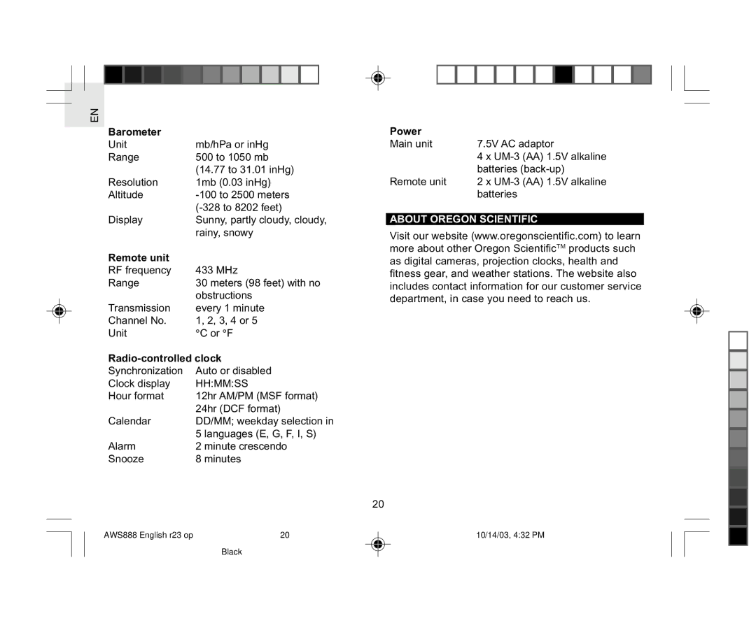 Oregon AWS888 specifications Barometer, Remote unit, Radio-controlled clock, Power, About Oregon Scientific 