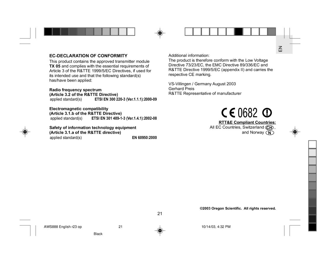 Oregon AWS888 specifications EC-DECLARATION of Conformity, RTT&E Compliant Countries 