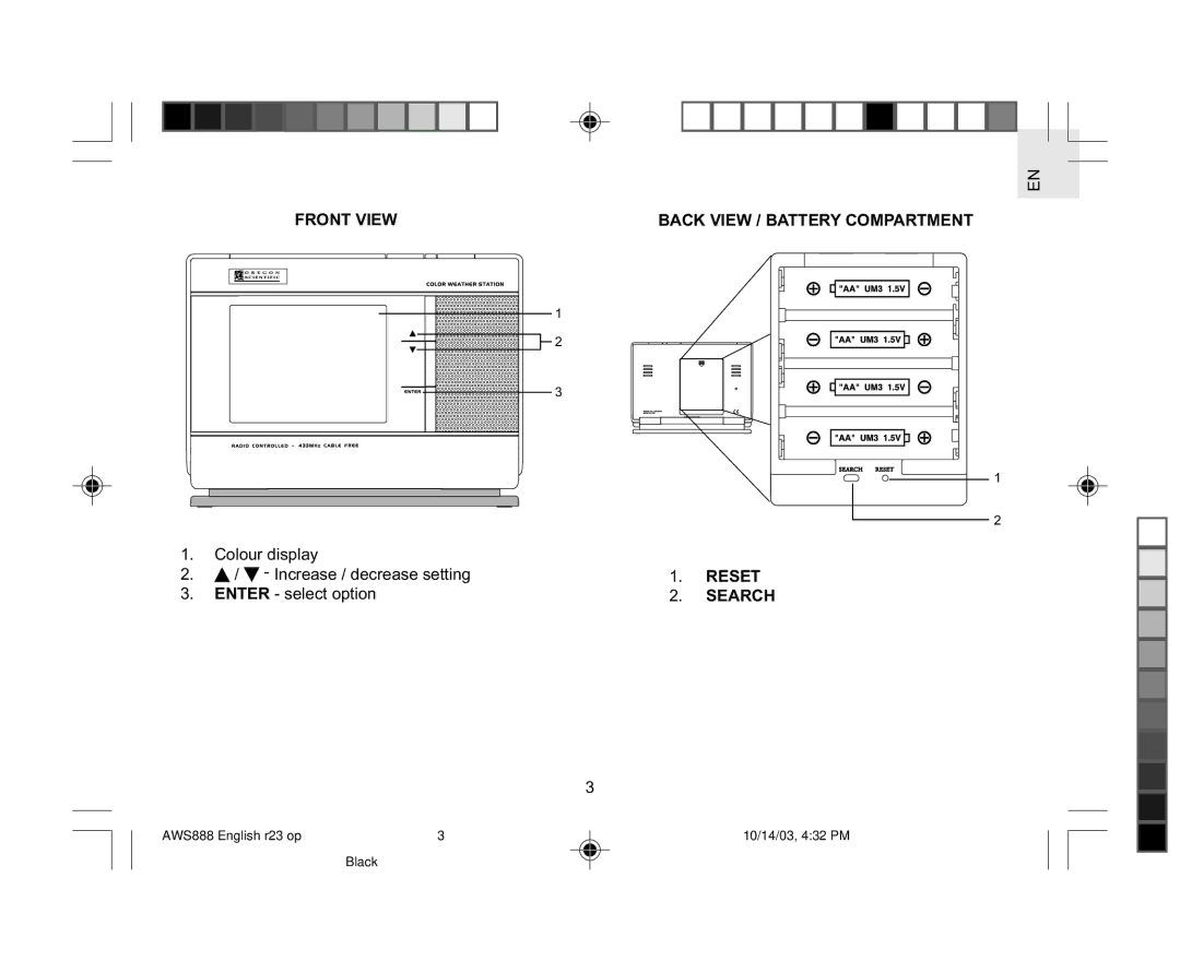 Oregon AWS888 specifications Front View Back View / Battery Compartment, Reset, Search 