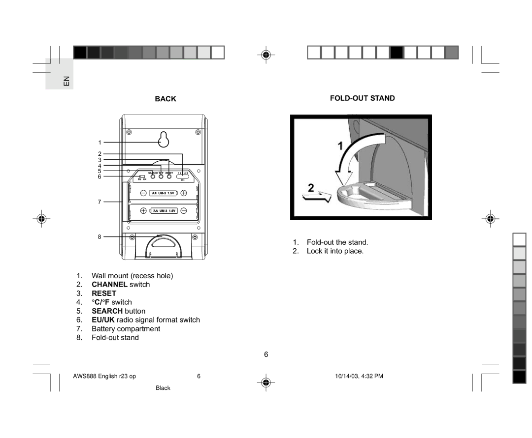 Oregon AWS888 specifications Back FOLD-OUT Stand, Channel switch, Search button 