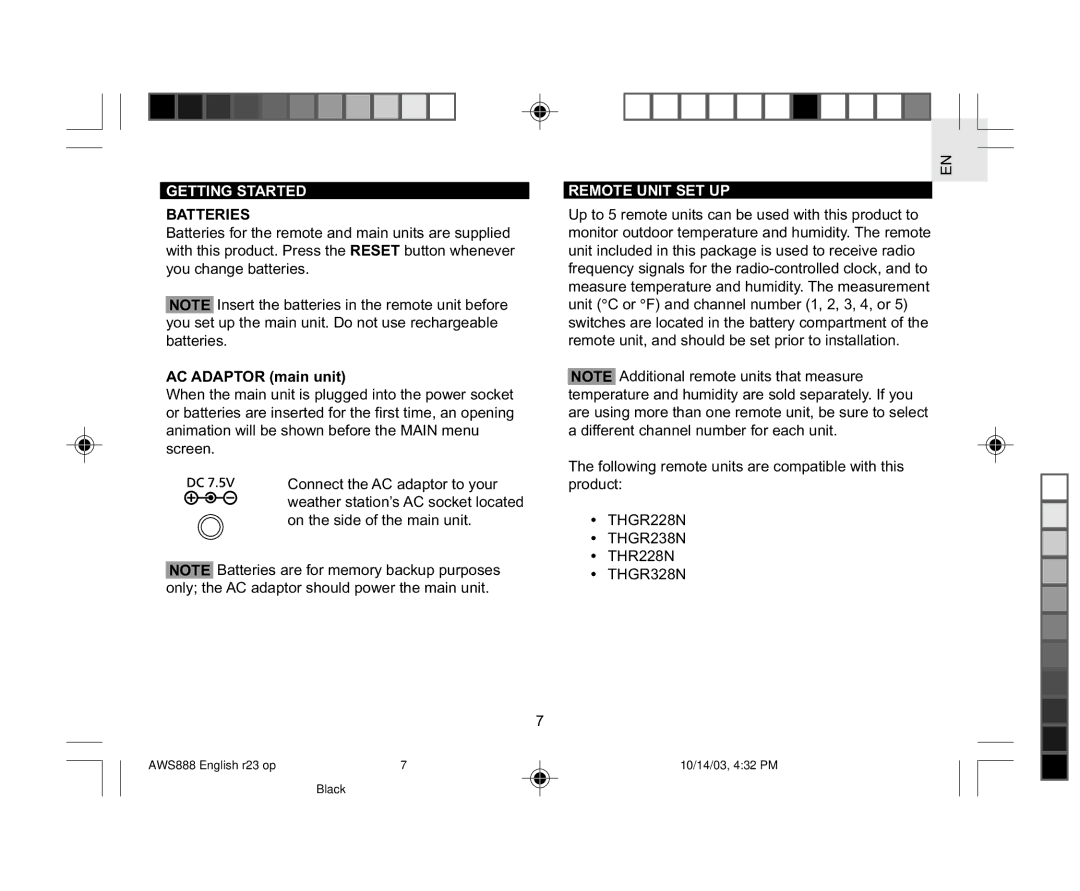 Oregon AWS888 specifications Getting Started, Batteries, AC Adaptor main unit, Remote Unit SET UP 