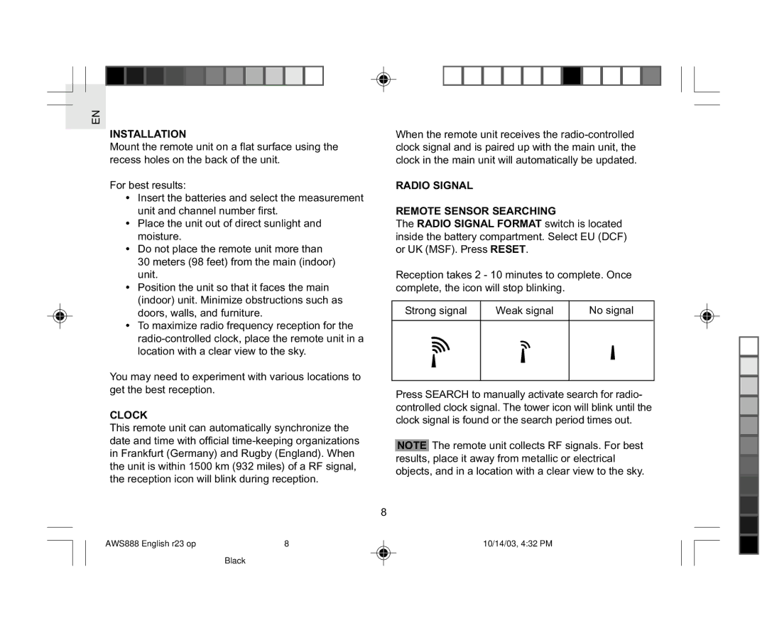 Oregon AWS888 specifications Installation, Clock, Radio Signal Remote Sensor Searching 