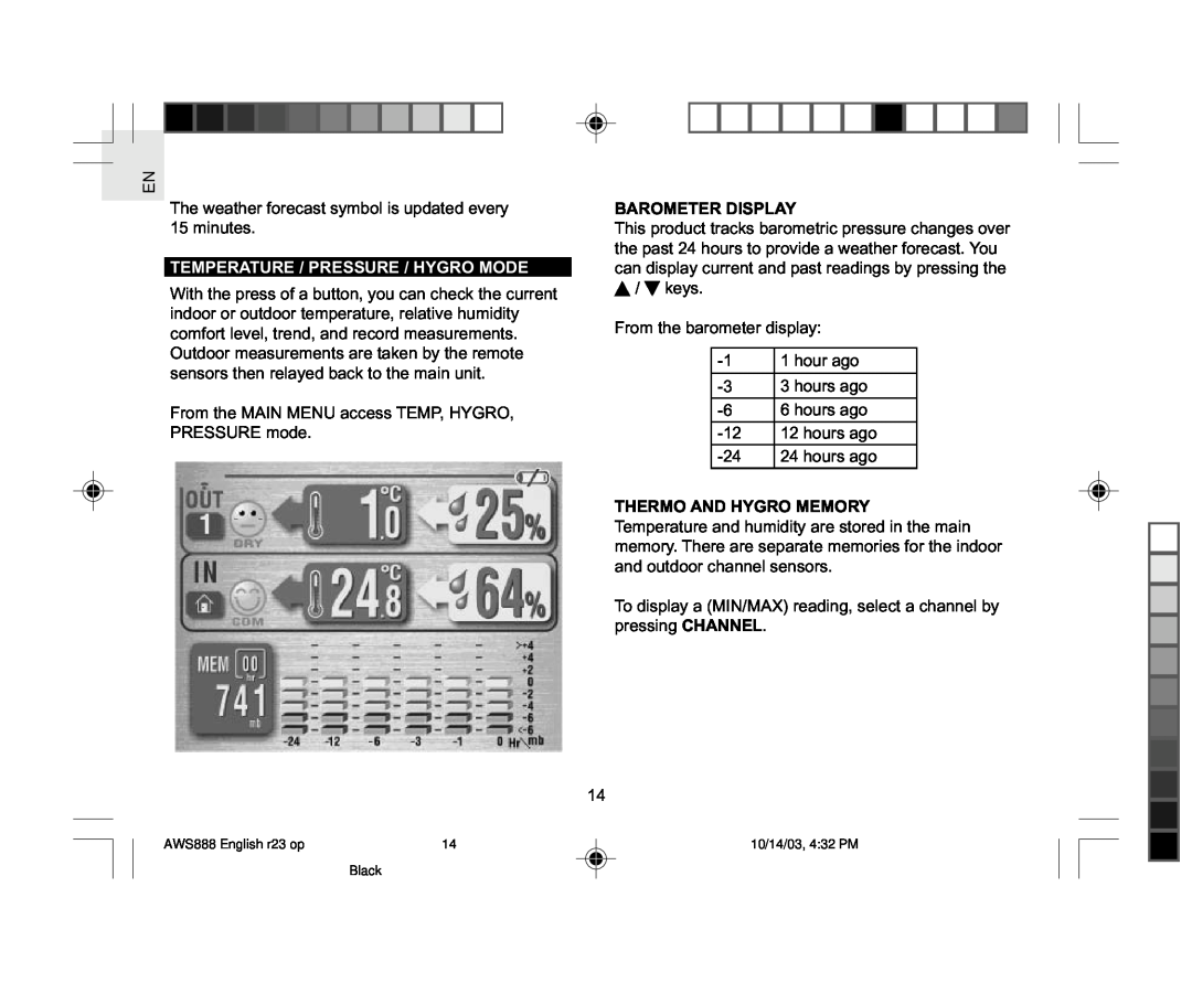 Oregon AWS888 specifications Temperature / Pressure / Hygro Mode, Barometer Display 
