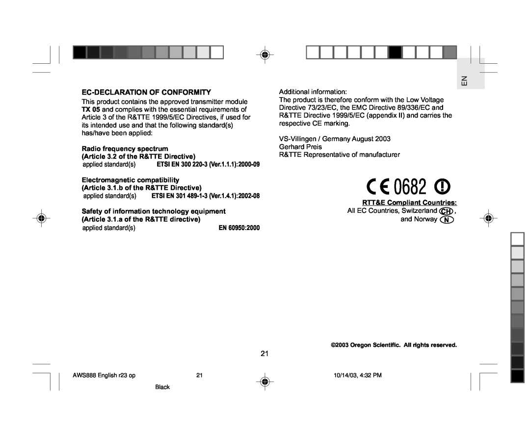Oregon AWS888 specifications Ec-Declaration Of Conformity 