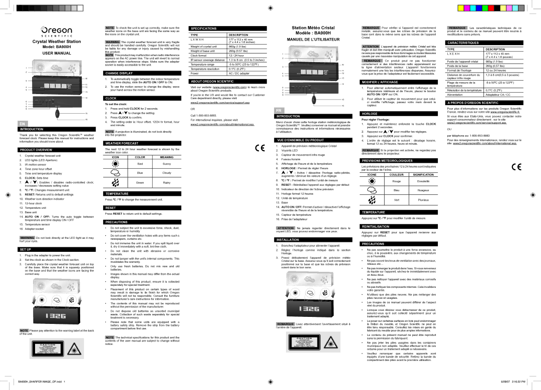 Oregon BA900H specifications Introduction, Product Overview, Set Up, Change Display, Clock, Weather Forecast, Temperature 