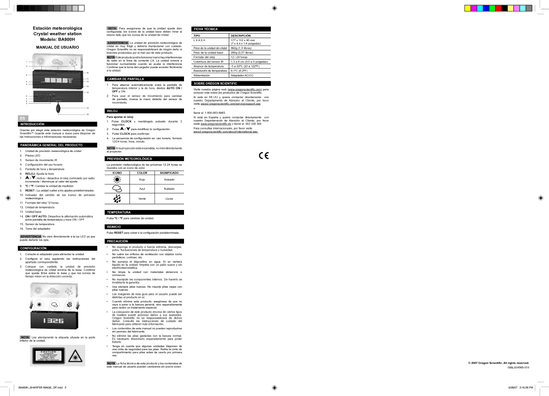 Oregon BA900H Introducción, Panorámica General DEL Producto, Configuración, Cambiar DE Pantalla, Reloj, Temperatura 