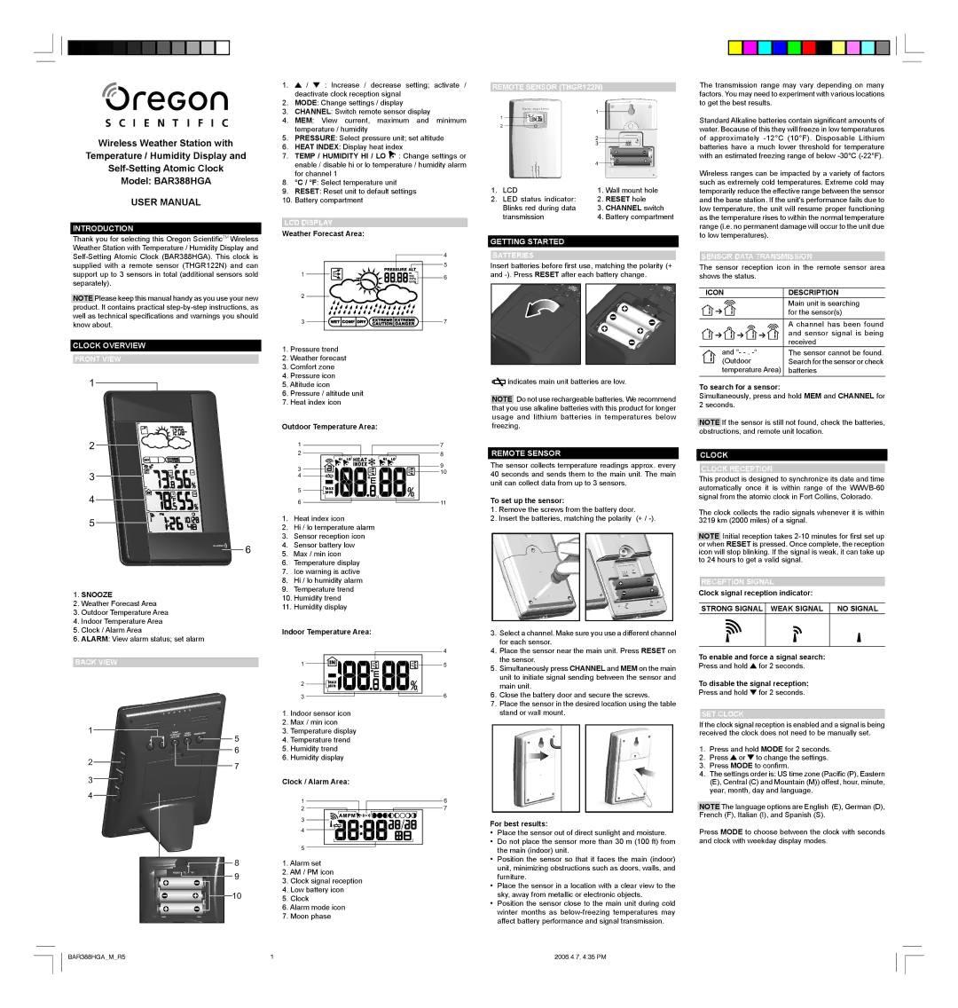 Oregon BAR388HGA user manual Introduction, Clock Overview, Getting Started, Remote Sensor 