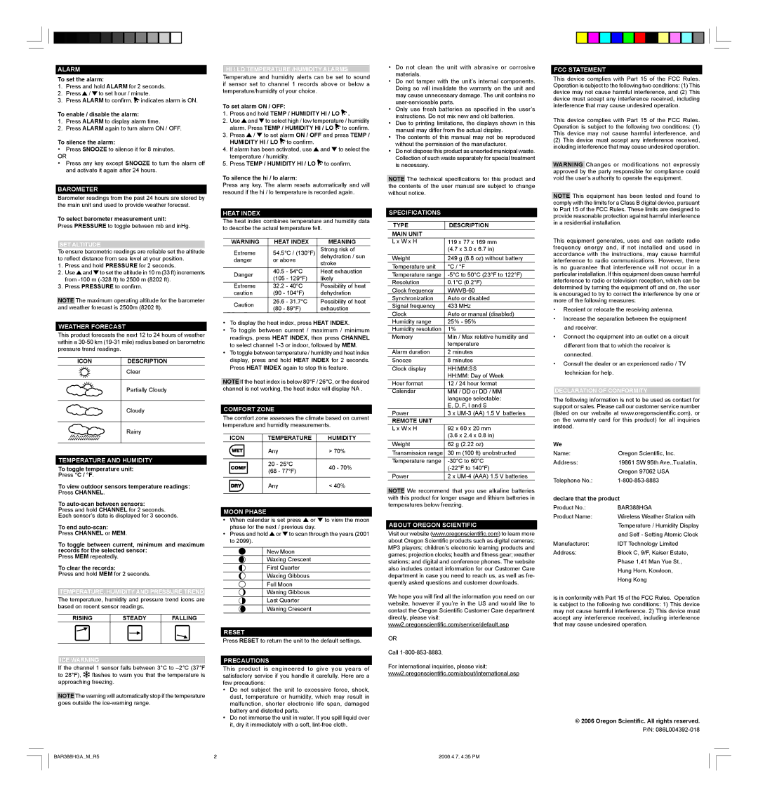 Oregon BAR388HGA Alarm, Barometer, Weather Forecast, Temperature and Humidity, Heat Index, Comfort Zone, Moon Phase, Reset 