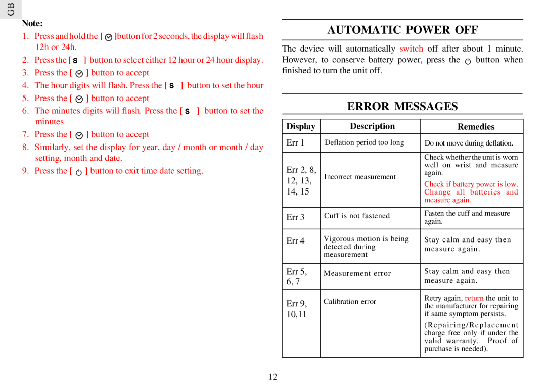 Oregon BPW128 manual Automatic Power OFF, Error Messages, Display Description Remedies 