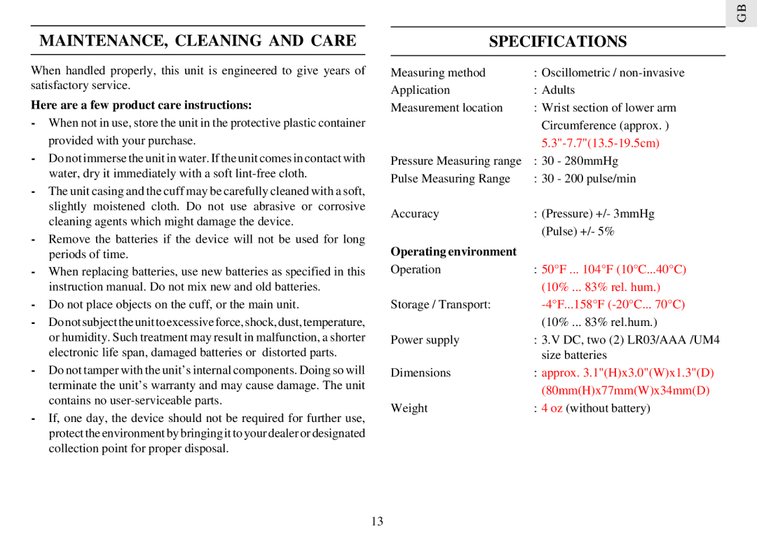 Oregon BPW128 manual MAINTENANCE, Cleaning and Care, Specifications, Here are a few product care instructions 