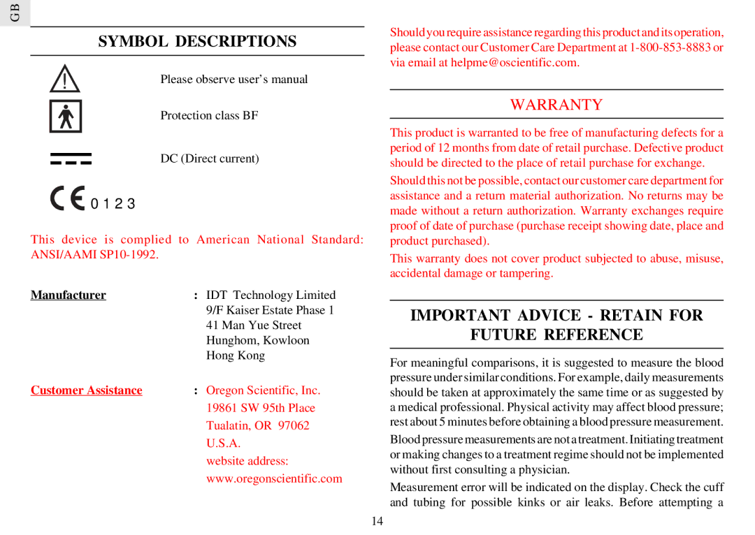 Oregon BPW128 manual Symbol Descriptions, Important Advice Retain for Future Reference, Manufacturer 