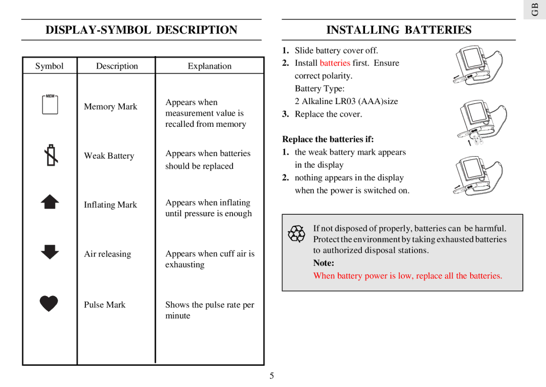 Oregon BPW128 manual DISPLAY-SYMBOL Description, Installing Batteries, Replace the batteries if 