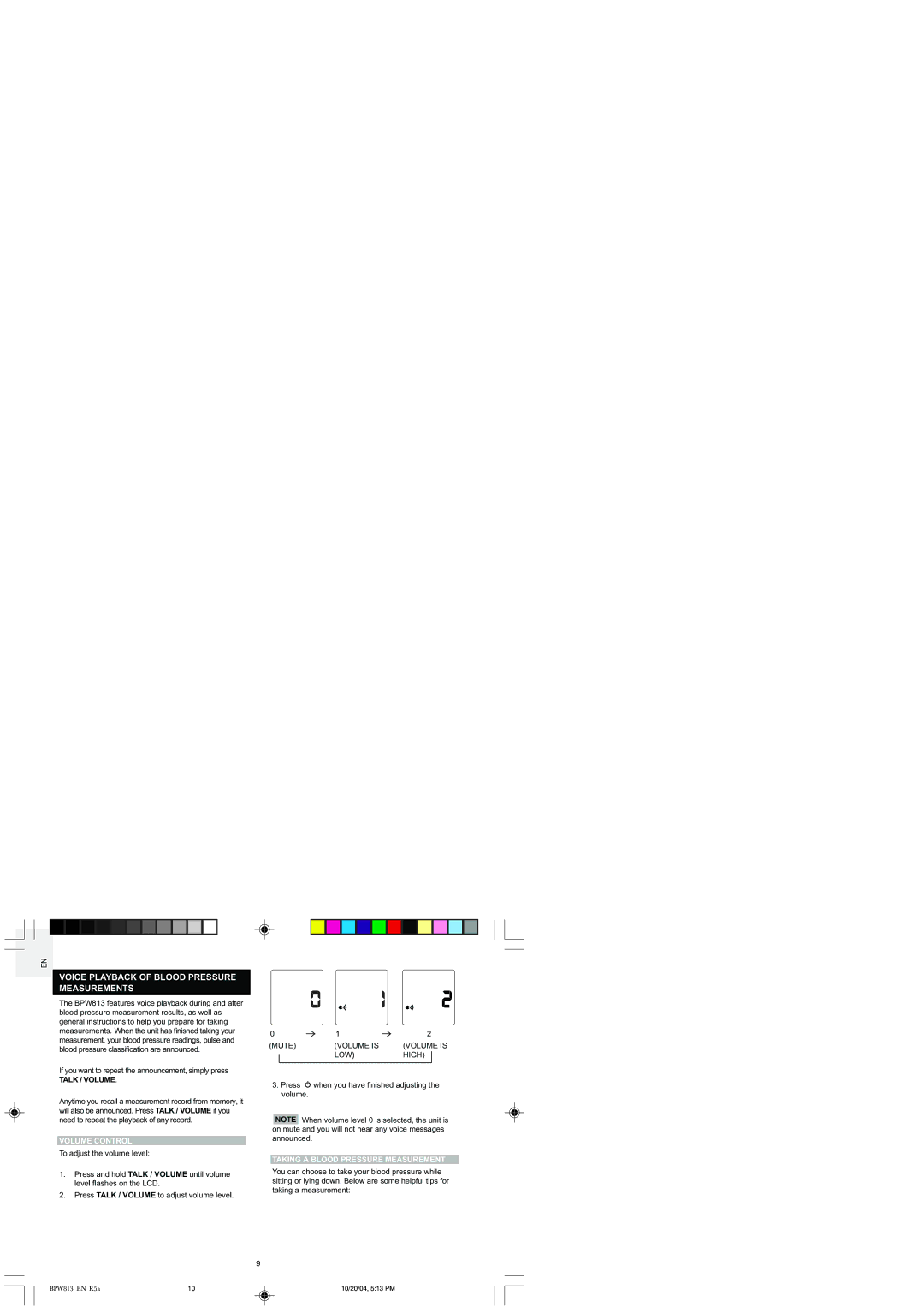 Oregon BPW813 user manual Voice Playback of Blood Pressure Measurements, Talk / Volume, Volume Control 