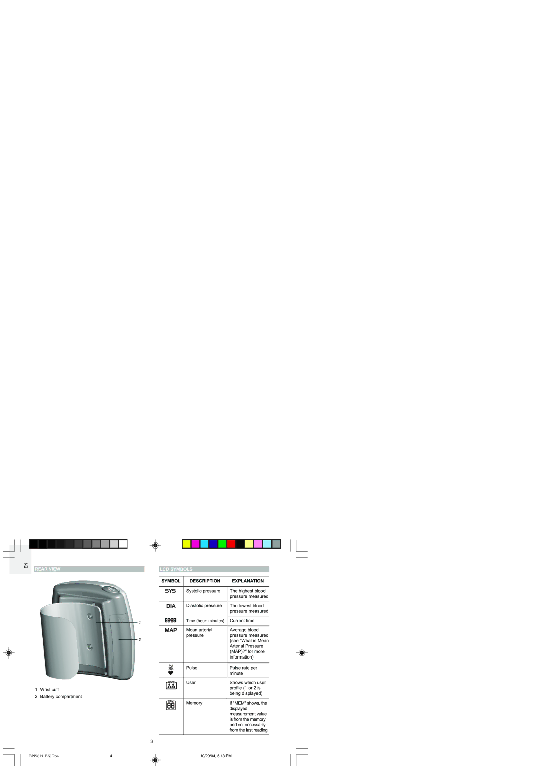 Oregon BPW813 user manual Rear View LCD Symbols, Symbol Description Explanation 