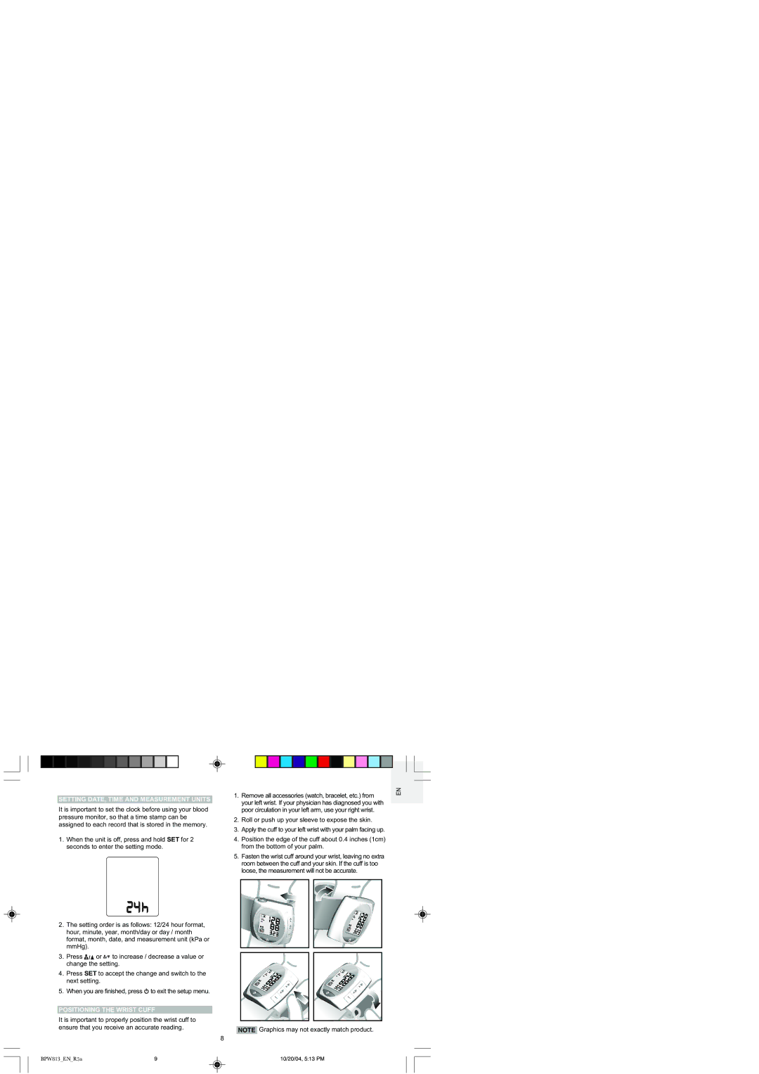 Oregon BPW813 user manual Setting DATE, Time and Measurement Units, Positioning the Wrist Cuff 