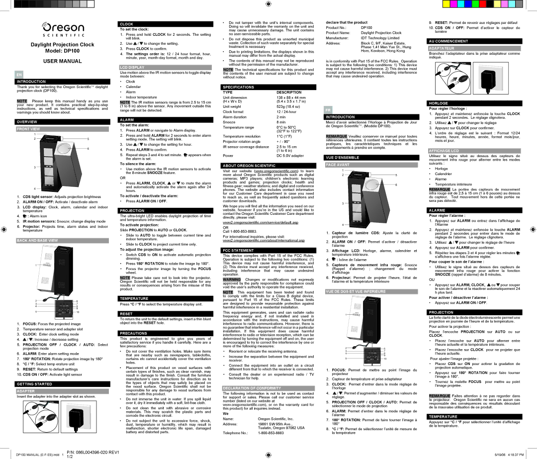 Oregon Daylight Projection Clock user manual Introduction, Overview Front View, Back and Base View, LCD Display, Alarm 