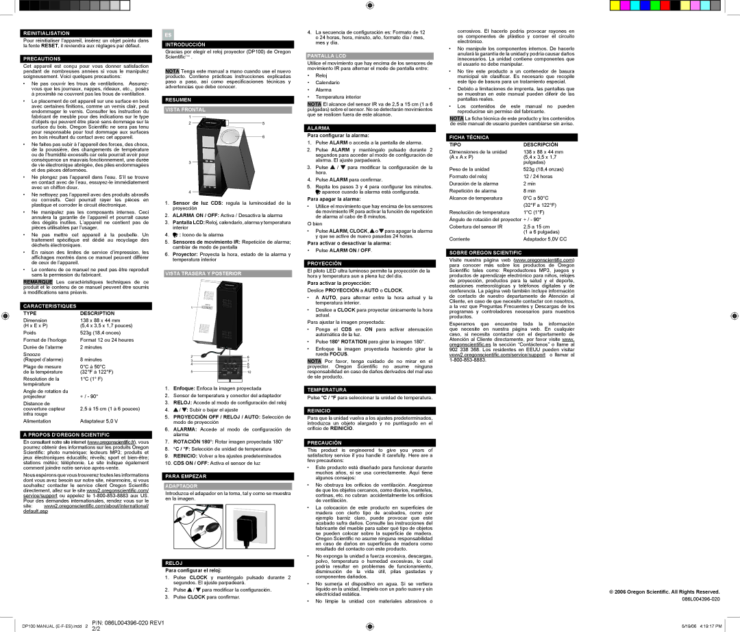 Oregon CP100 Reinitialisation, Caracteristiques, Propos D’OREGON Scientific Introducción, Resumen Vista Frontal, Reloj 