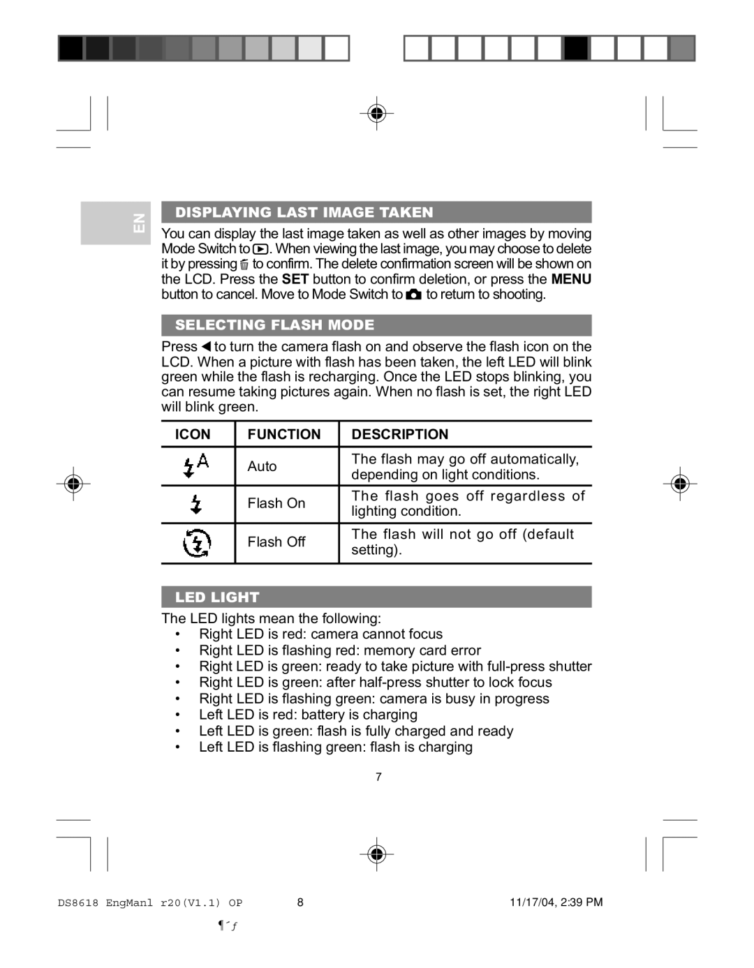 Oregon DS8618 user manual Displaying Last Image Taken, Selecting Flash Mode, Icon Function Description, LED Light 