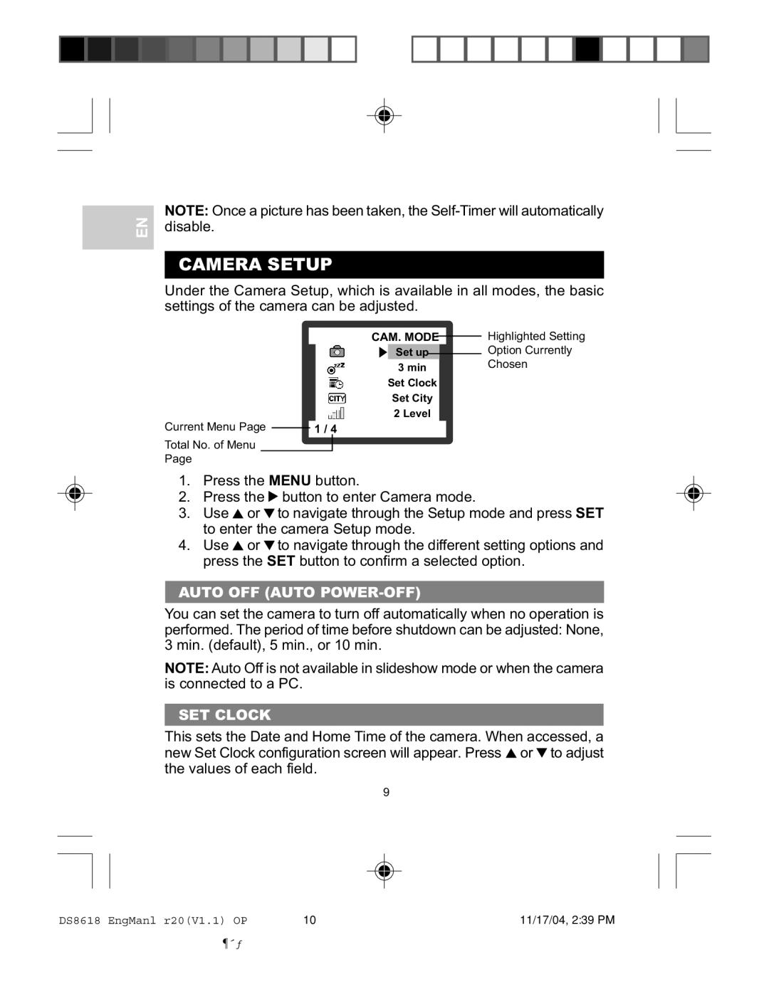 Oregon DS8618 user manual Camera Setup, Auto OFF Auto POWER-OFF, SET Clock 