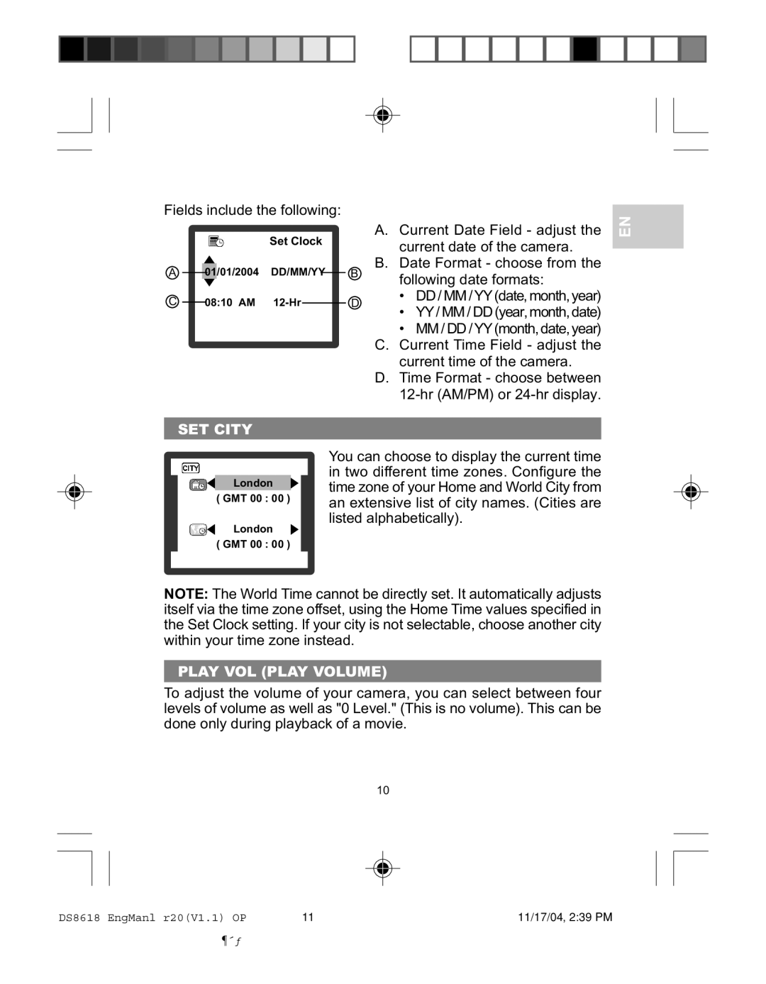 Oregon DS8618 user manual SET City, Play VOL Play Volume 