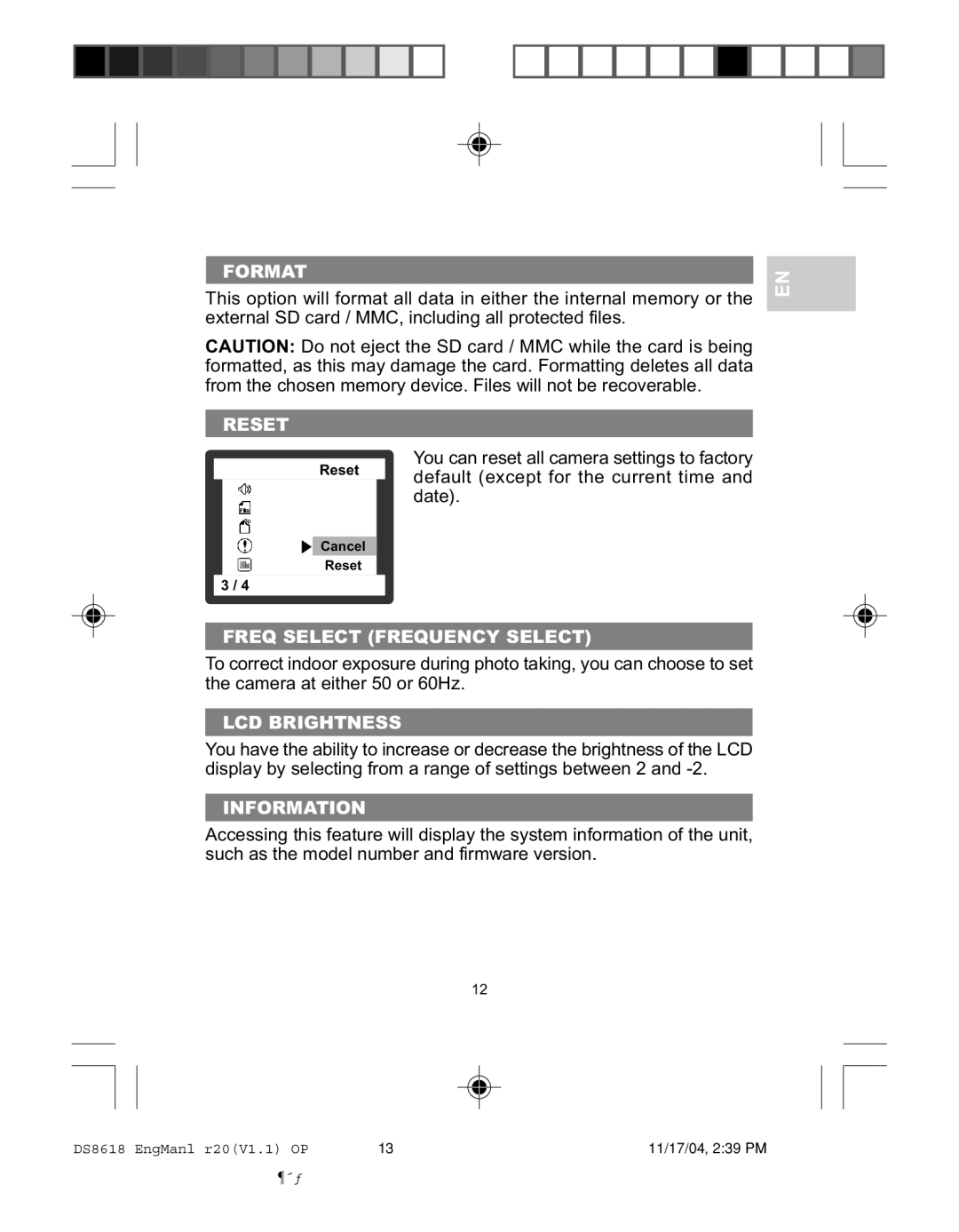 Oregon DS8618 user manual Format, Reset, Freq Select Frequency Select, LCD Brightness, Information 