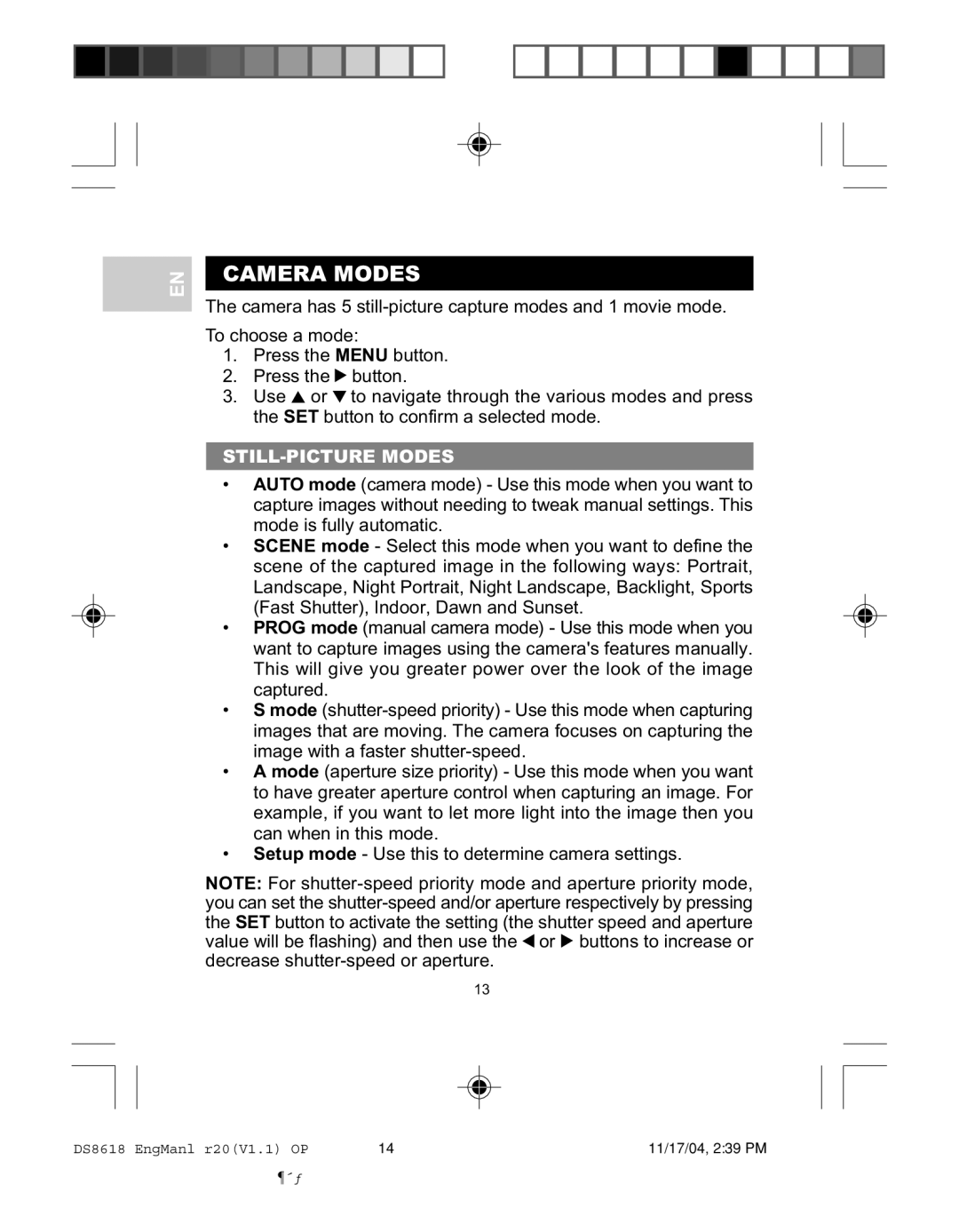 Oregon DS8618 user manual Camera Modes, STILL-PICTURE Modes 