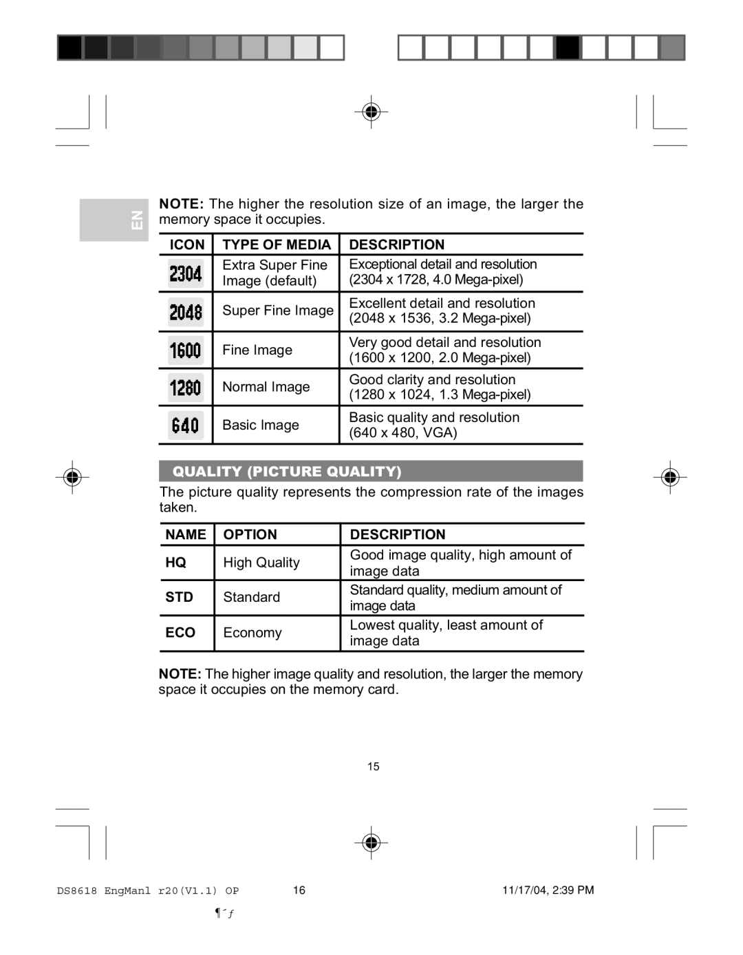 Oregon DS8618 user manual Icon Type of Media Description, Quality Picture Quality, Name Option Description, Std, Eco 