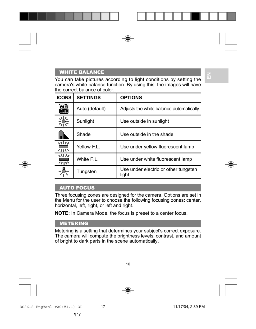 Oregon DS8618 user manual White Balance, Icons Settings Options, Auto Focus, Metering 