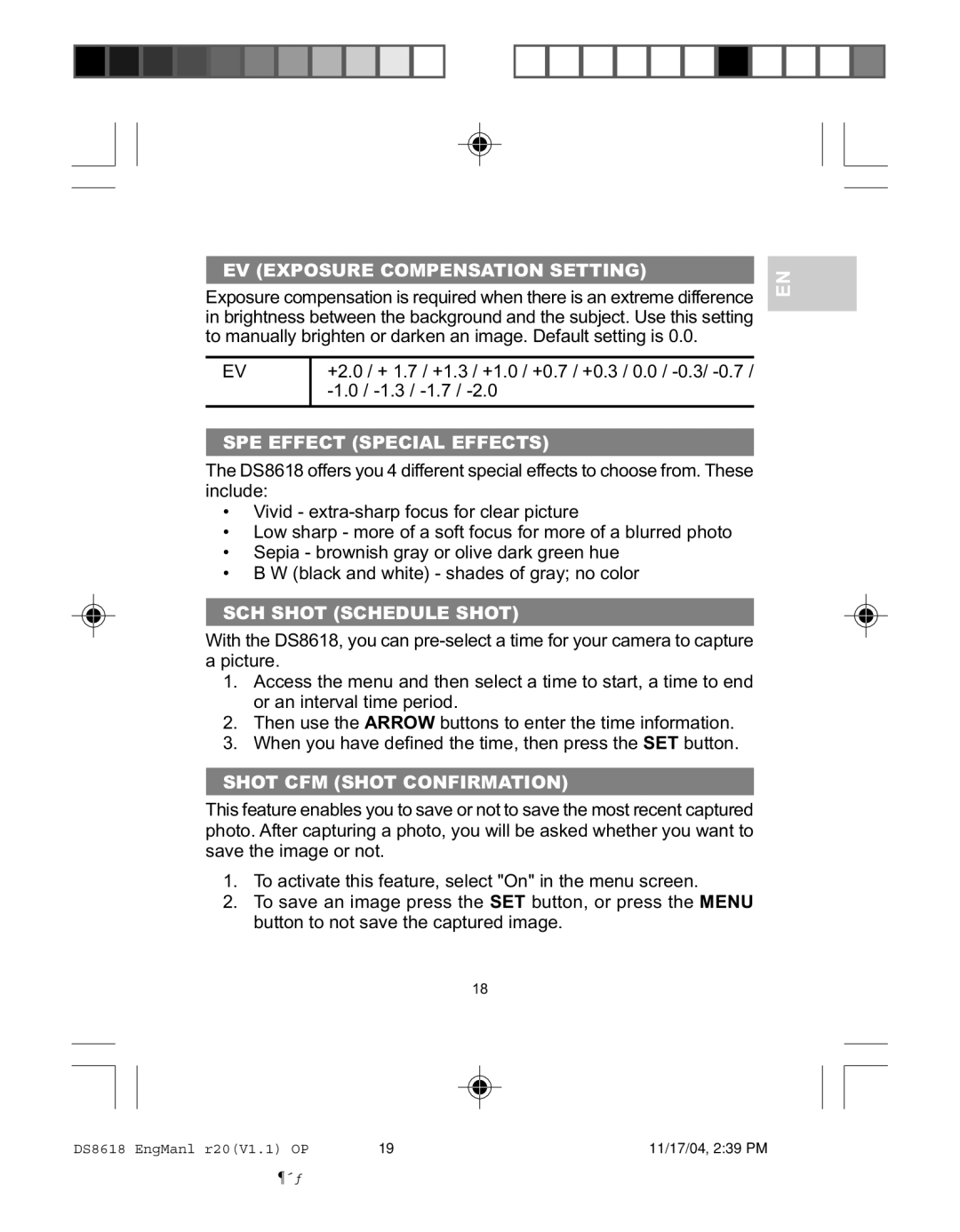 Oregon DS8618 user manual EV Exposure Compensation Setting, SPE Effect Special Effects, SCH Shot Schedule Shot 