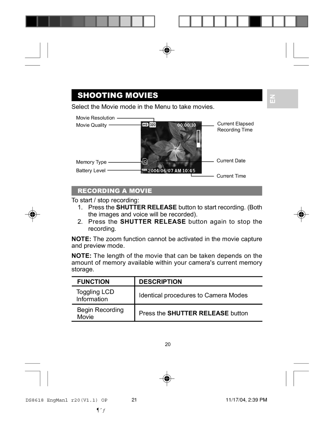 Oregon DS8618 user manual Shooting Movies, Recording a Movie, Function Description 