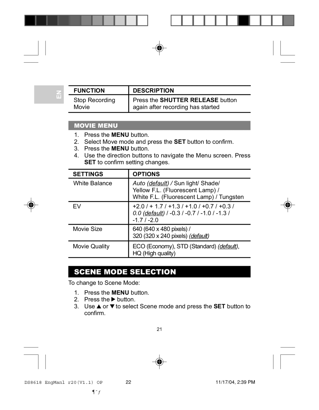 Oregon DS8618 user manual Scene Mode Selection, Movie Menu, Settings Options 