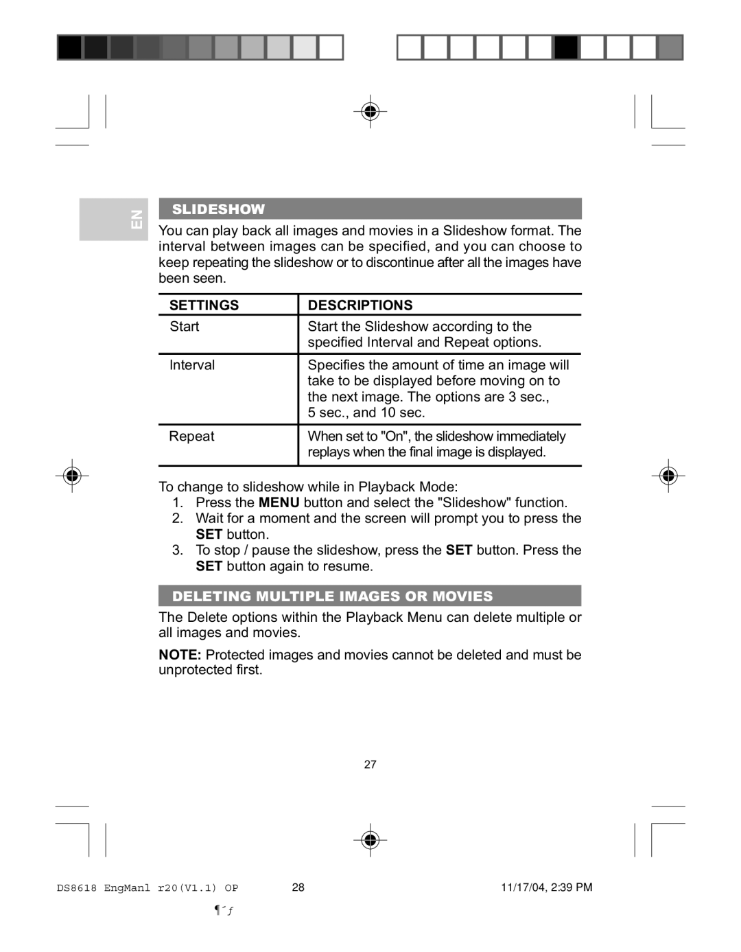 Oregon DS8618 user manual Slideshow, Settings Descriptions, Deleting Multiple Images or Movies 