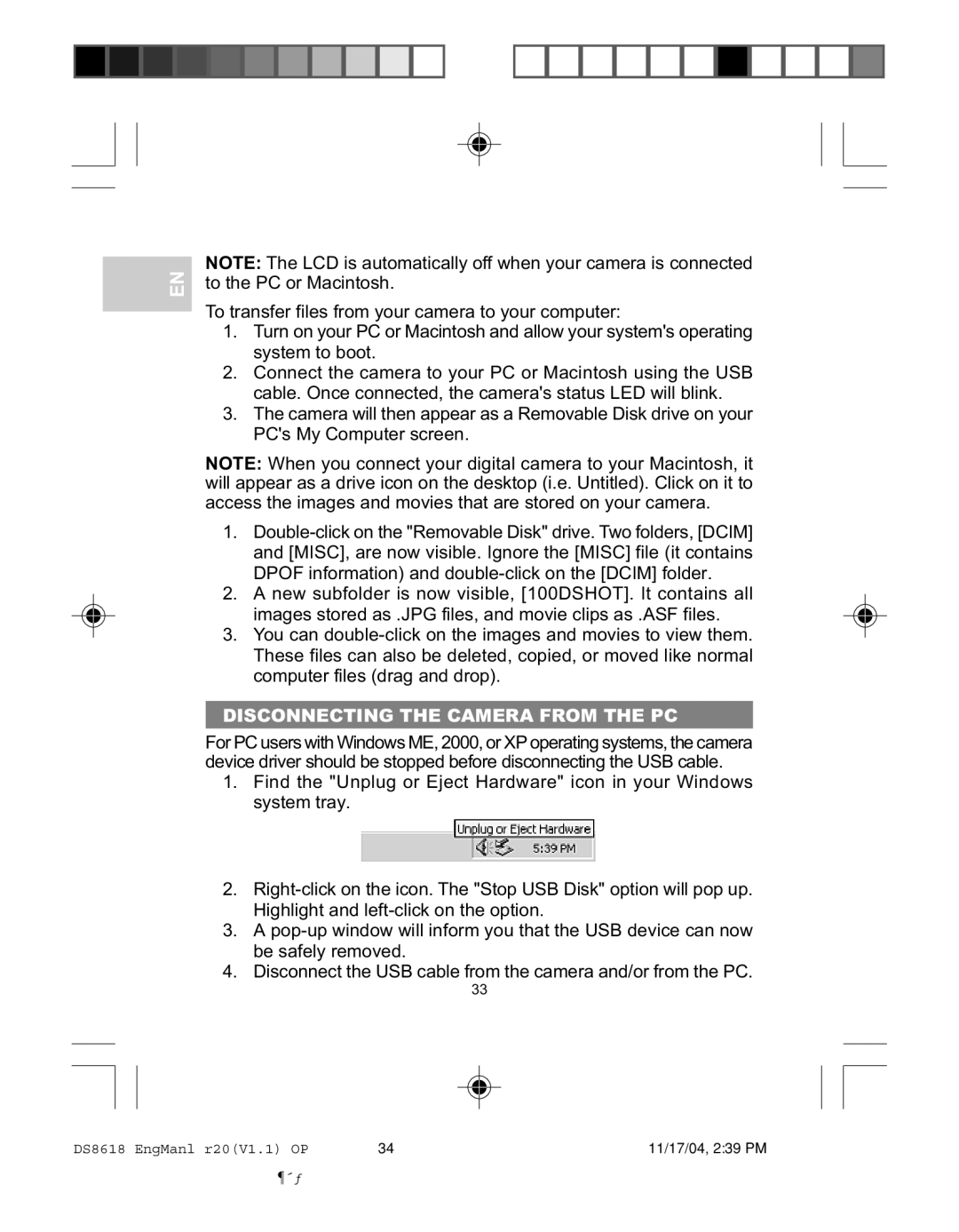 Oregon DS8618 user manual Disconnecting the Camera from the PC 