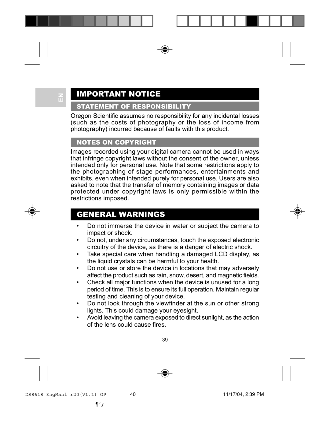 Oregon DS8618 user manual Important Notice, General Warnings, Statement of Responsibility 