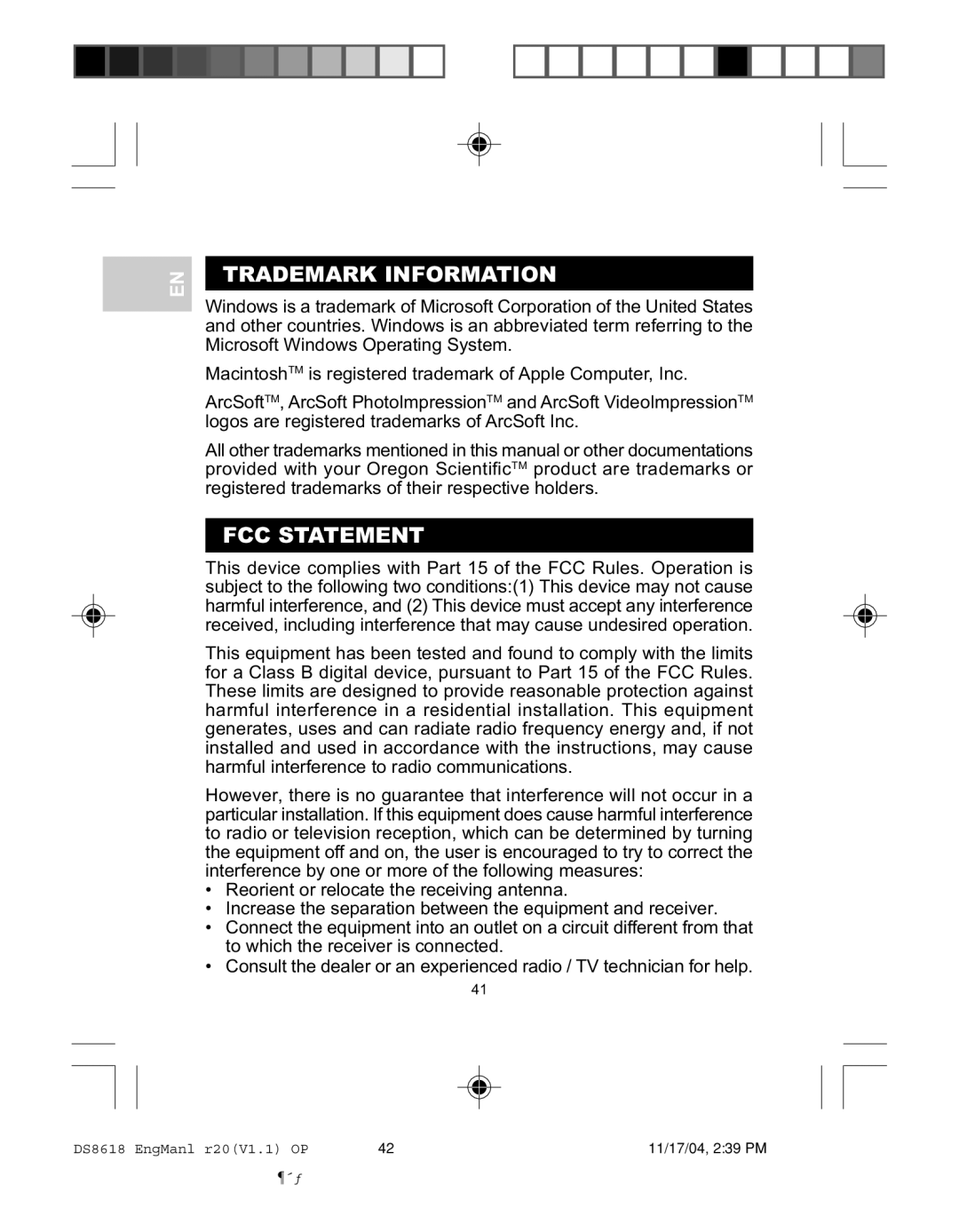 Oregon DS8618 user manual Trademark Information, FCC Statement 